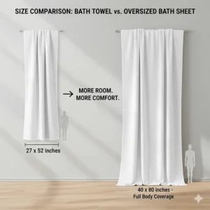Illustration comparing the dimensions of a standard bath towel to a 40x80 inch bath sheet for large people.