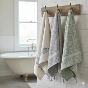 Decorative hand towels for bathroom hanging neatly from vintage brass wall hooks.