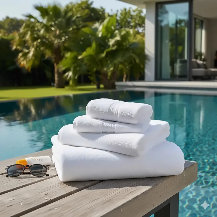 A stack of plush, white cotton bath towels sitting on a wooden bench next to a clear blue swimming pool. bath towels for chlorine pools
