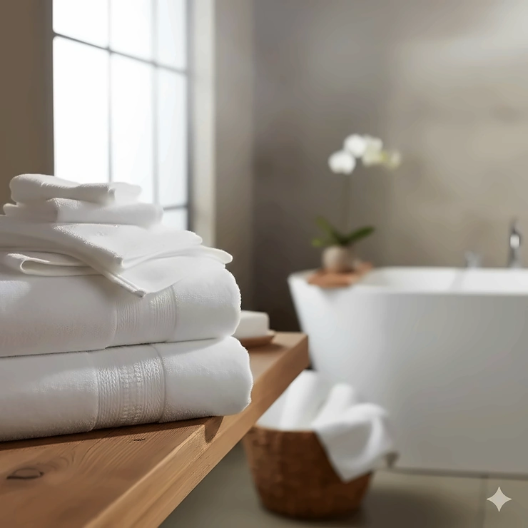 A stack of thick, white cotton bath towels that stay fluffy after washing, displayed on a wooden bathroom shelf.