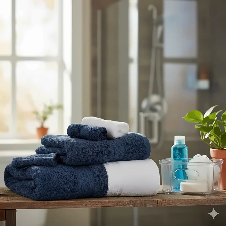 A stack of plush navy and white college dorm bath towels sitting on a wooden shelf next to a shower caddy.