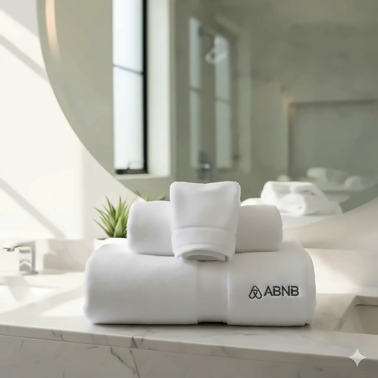 A stack of fluffy white luxury bath towels neatly folded on a modern Airbnb bathroom vanity. bath towels for airbnb