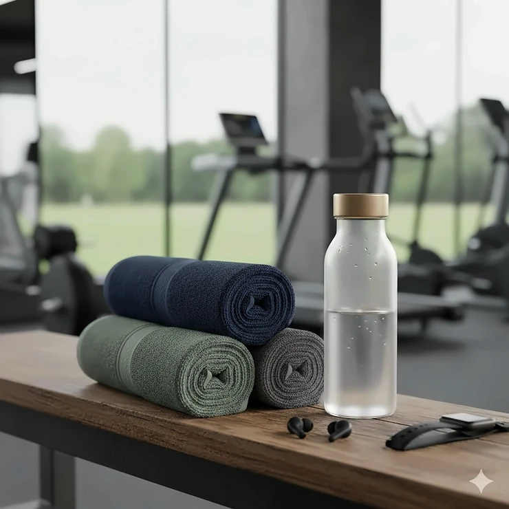 A neatly folded stack of colorful microfiber towels for gym use sitting on a wooden bench next to a water bottle.