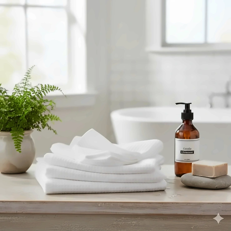 A stack of soft, white organic cotton washcloths neatly folded on a wooden bathroom vanity next to a green plant. washcloths for sensitive skin