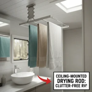 Illustration of a retractable rod mounted to the RV ceiling for drying wet bath towels without clutter.