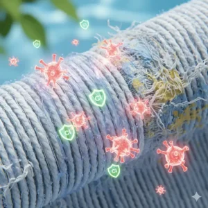 Close-up diagram showing protected fabric fibers resistant to chlorine fading and damage.