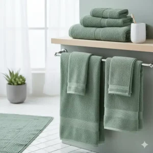 A matching set of bath towels, hand towels, and washcloths in trendy sage green for a college dorm aesthetic.