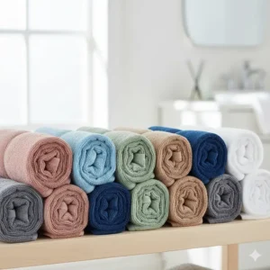 A professional display of rolled Supima cotton towels in various colors including pink, blue, green, and tan.