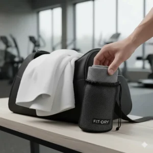 An illustration of a microfiber towel folded into a small mesh carry bag to show portability.