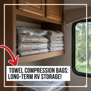 Illustration showing extra bath towels stored in vacuum-sealed compression bags for long-term RV travel.