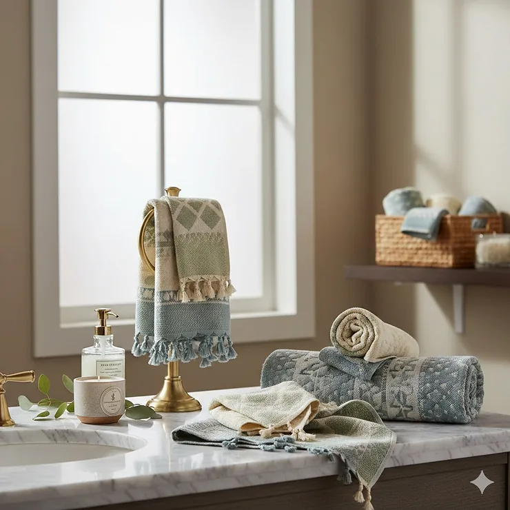 A curated set of luxury decorative hand towels for bathroom display on a marble countertop.