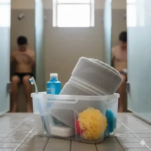 A rolled-up cotton bath towel tucked into a plastic mesh shower caddy with toiletries for a college freshman.