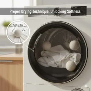 Illustration of wool dryer balls being used in a tumble dryer to help bath towels stay fluffy and airy.