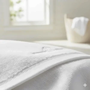 Close-up illustration of reinforced stitching on white cotton towels for high-frequency Airbnb use.