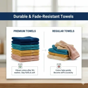 Illustration of vibrant, plush towels showing that premium bath towels stay fluffy and colorful even after multiple wash cycles.