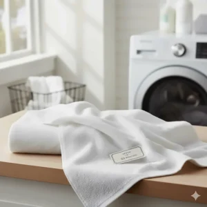 A crisp white Supima cotton towel shown next to a washing machine to highlight its long-lasting durability after 50 washes.