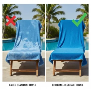 Side-by-side visual of a faded standard towel versus a vibrant chlorine-resistant bath towel.