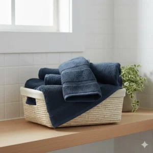 Navy blue Supima cotton towels neatly folded in a woven spa-style basket on a wooden bathroom shelf.