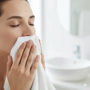 A person gently patting their face dry with a soft washcloth to avoid redness and skin barrier damage.