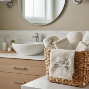 A layered arrangement of washcloths and decorative hand towels in a guest bathroom basket.