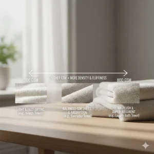 A diagram explaining GSM density and how a higher rating leads to bath towels that stay fluffy and absorbent.