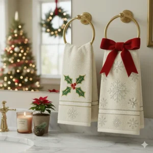 Festive embroidered decorative hand towels for bathroom seasonal updates.