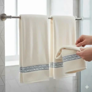 Illustration showing a triple-fold method for displaying decorative hand towels on a rack.