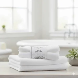 A set of hypoallergenic washcloths with a "100% Organic" label to highlight skin-safe materials.