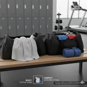 An illustration comparing a bulky cotton towel to a slim microfiber towel inside a gym bag.