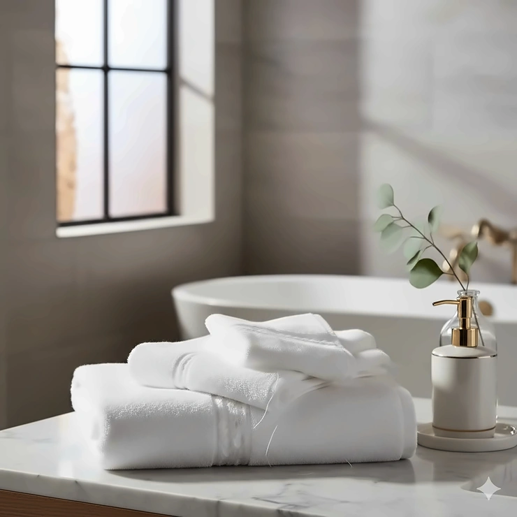 A stack of fluffy white Supima cotton towels arranged on a marble bathroom vanity with a modern bathtub in the background.