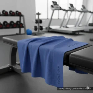 An illustration of a large microfiber towel draped over a weight bench for hygiene during a workout.