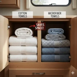 Comparison showing how thin microfiber towels take up less cabinet space than bulky cotton towels.
