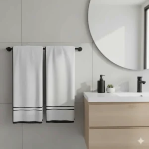 Minimalist white decorative hand towels with black trim hanging in a modern bathroom.