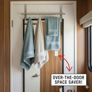 Illustration of an over-the-door hook system holding multiple bath towels in a small RV bathroom.