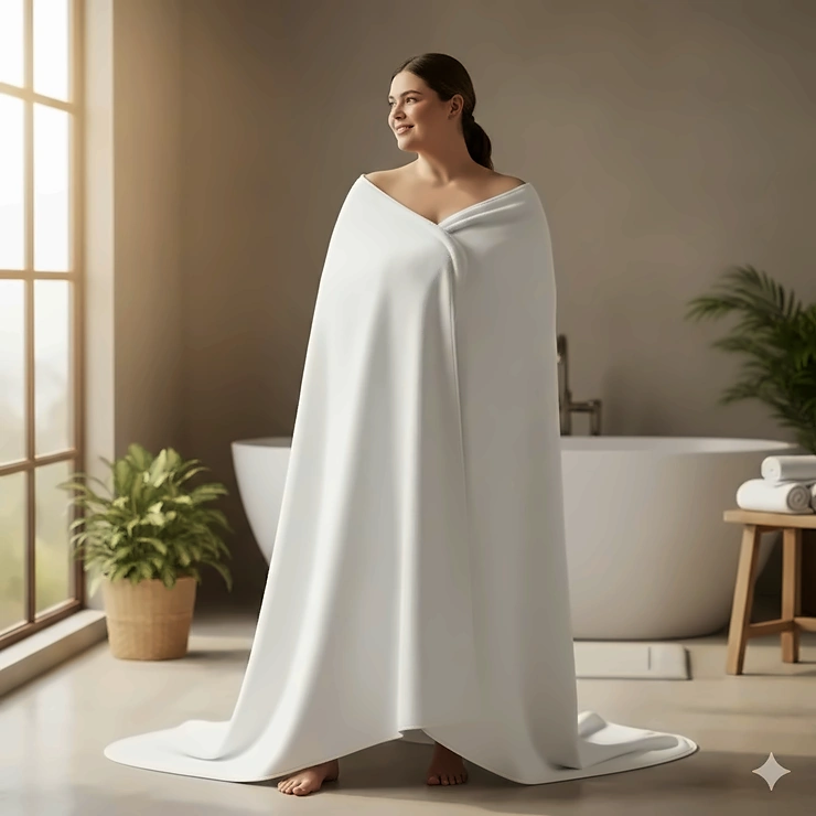A person wrapped comfortably in an extra-large, plush cotton bath sheet that provides full body coverage. bath sheets for large people