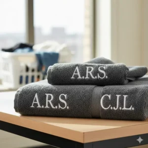 Two embroidered college dorm bath towels with initials to prevent mix-ups in shared laundry rooms.