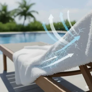 Graphic showing airflow through towel fabric to demonstrate fast drying times after pool use.