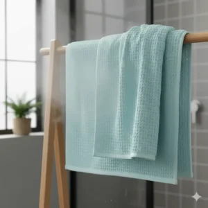 A close-up of quick-dry microfiber bath towels for college students to prevent mildew in dorm rooms.