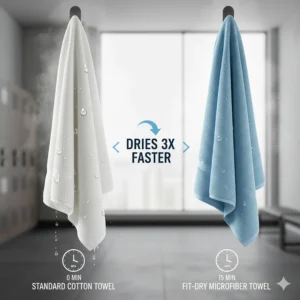 A graphic showing a microfiber towel for gym use drying significantly faster than a standard cotton towel.