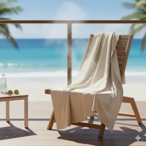 Illustration highlighting the moisture-wicking properties of quick-dry towels suited for beach-side Airbnbs.