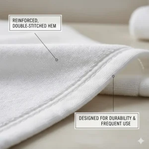 Illustration highlighting the double-stitched hems of a durable bath sheet designed for frequent use.