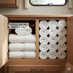 Diagram demonstrating how to roll bath towels vertically to maximize shelf space in a motorhome.