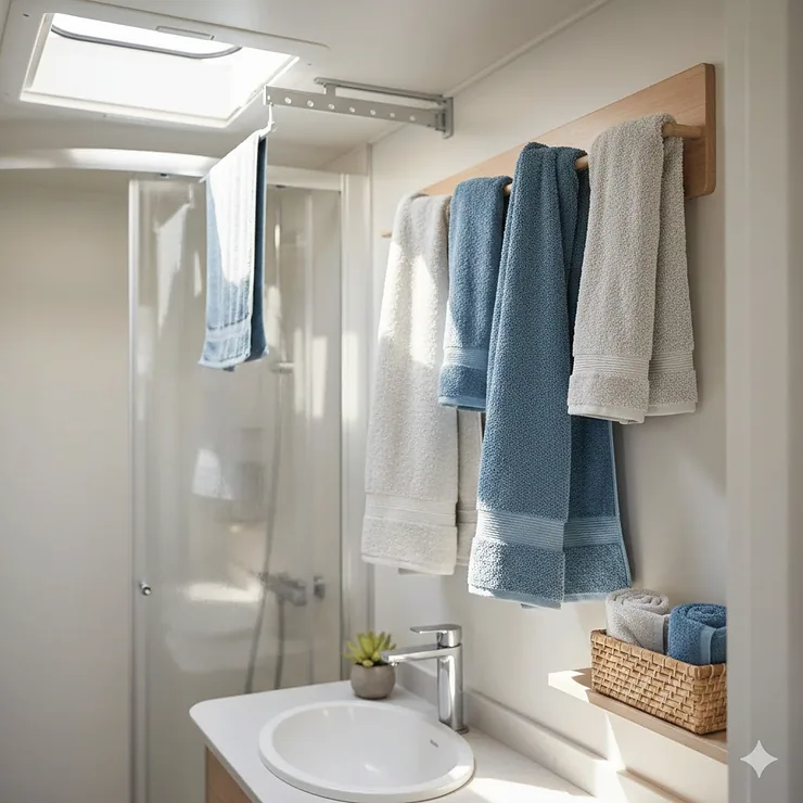 A modern RV bathroom featuring microfiber towels neatly folded on a compact wall rack to save space. rv bath towels space saving