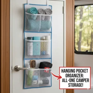 A mesh hanging organizer used for storing quick-dry bath towels and toiletries in a camper.