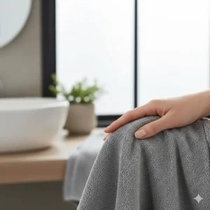 A person’s hand touching a soft grey Supima cotton towel to showcase the premium textile's velvet-like texture.