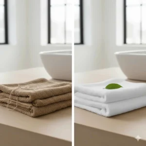 Side-by-side comparison of a scratchy old towel versus a new, fluffy washcloth for sensitive skin.