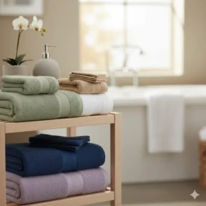 An illustration of a serene bathroom setting featuring neatly folded, thick bath sheets on a towel rack.