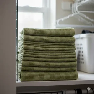 A vertical stack of thin, highly absorbent waffle weave towels optimized for small dorm closet storage.