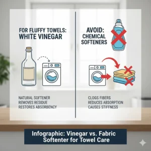 Infographic showing why vinegar is better than chemical softeners for making sure bath towels stay fluffy and absorbent.