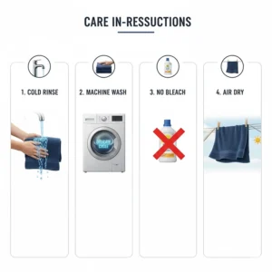 Icon-based guide showing how to properly wash bath towels used in chlorine to maintain longevity.